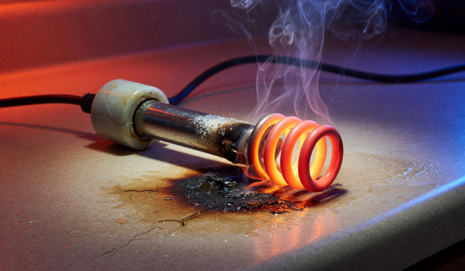 A hot immersion water heater element smoking on a countertop, illustrating the CPSC fire hazard warning