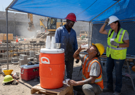 Construction workers at a shaded hydration station with an orange water cooler