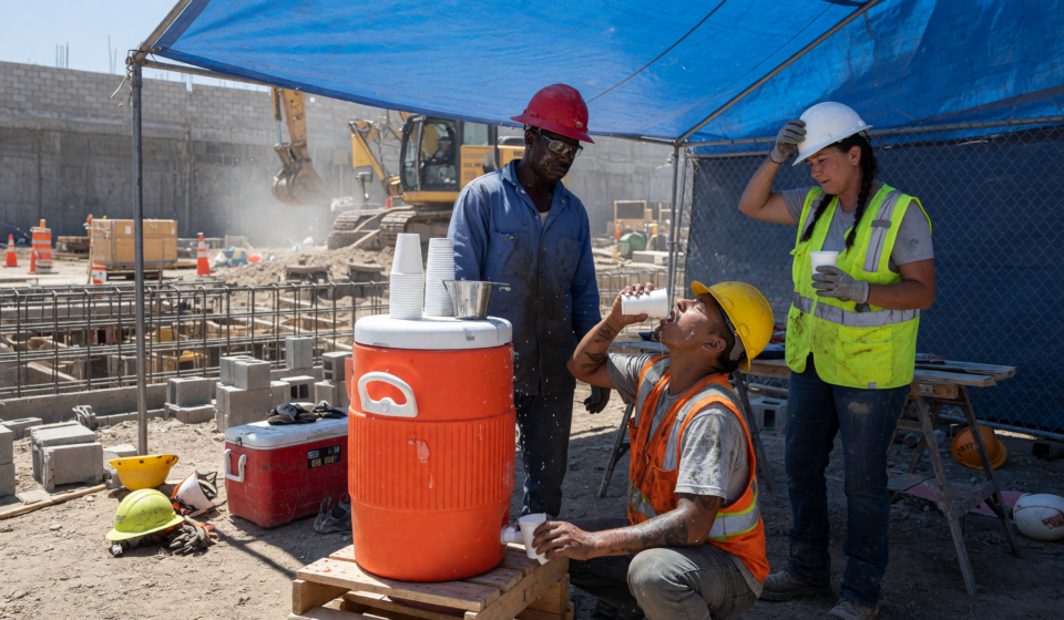 Construction workers at a shaded hydration station with an orange water cooler