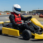 Kart racer in helmet and rib protector in a go-kart on a sunny track