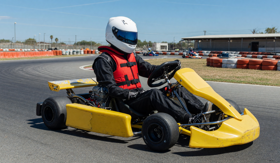 Kart racer in helmet and rib protector in a go-kart on a sunny track