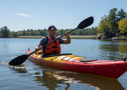 Kayaker in a PFD paddling a kayak on a calm sunny lake
