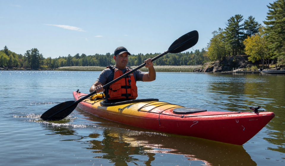 Kayaker in a PFD paddling a kayak on a calm sunny lake