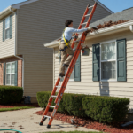Homeowner safely using a fiberglass extension ladder set at the correct angle to clean the gutters of a suburban house
