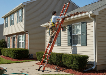 Homeowner safely using a fiberglass extension ladder set at the correct angle to clean the gutters of a suburban house