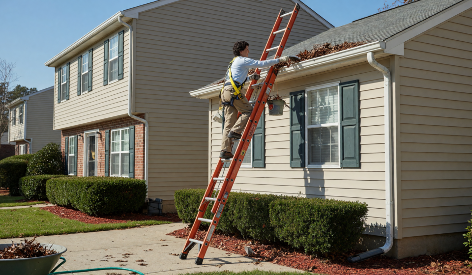 Homeowner safely using a fiberglass extension ladder set at the correct angle to clean the gutters of a suburban house