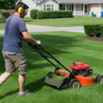 Person in safety glasses and ear protection mowing a green lawn