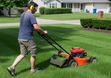 Person in safety glasses and ear protection mowing a green lawn