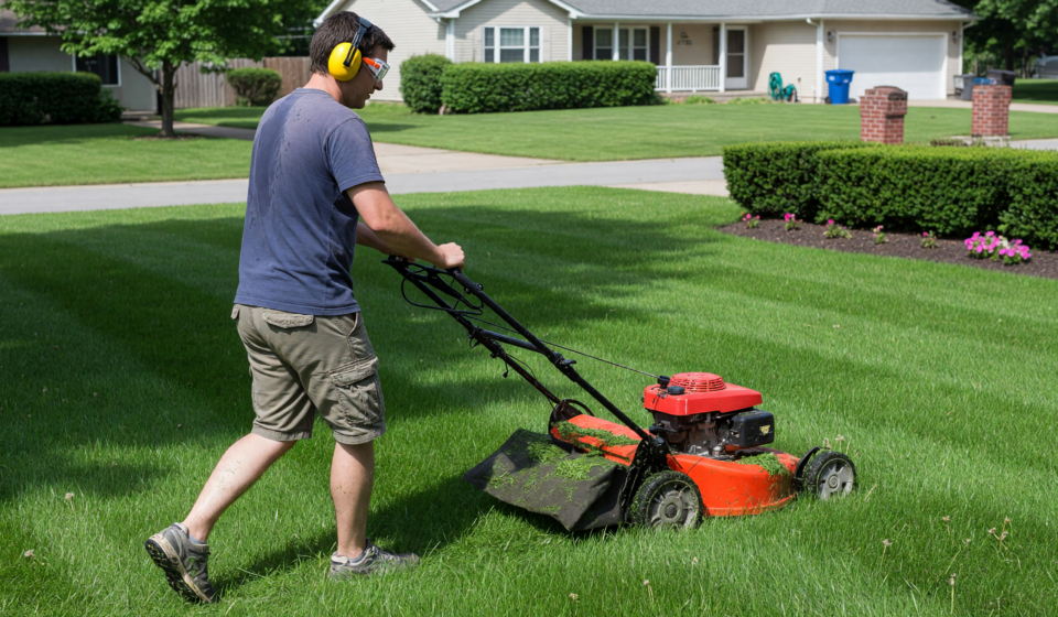 Person in safety glasses and ear protection mowing a green lawn
