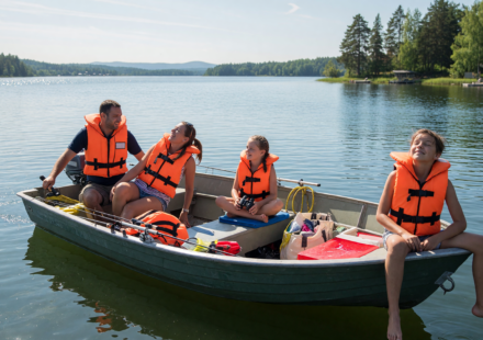 Family wearing life jackets on a small boat on a calm sunny lake