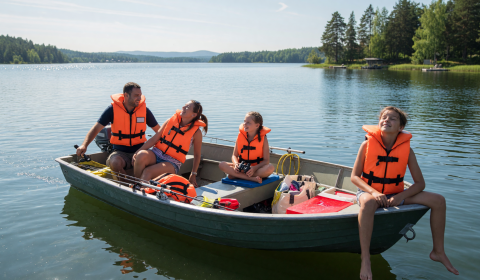 Family wearing life jackets on a small boat on a calm sunny lake
