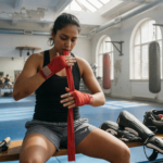Martial artist wrapping hands with hand wraps in a bright training gym