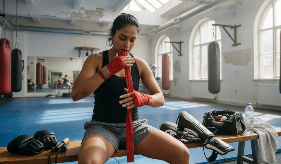 Martial artist wrapping hands with hand wraps in a bright training gym