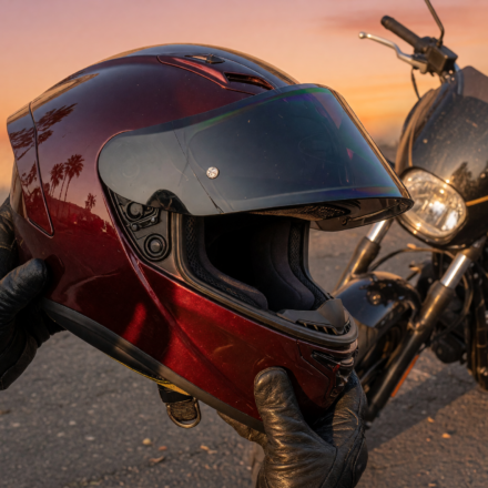 Full-face motorcycle helmet held in a rider's gloved hands beside a parked motorcycle at golden hour