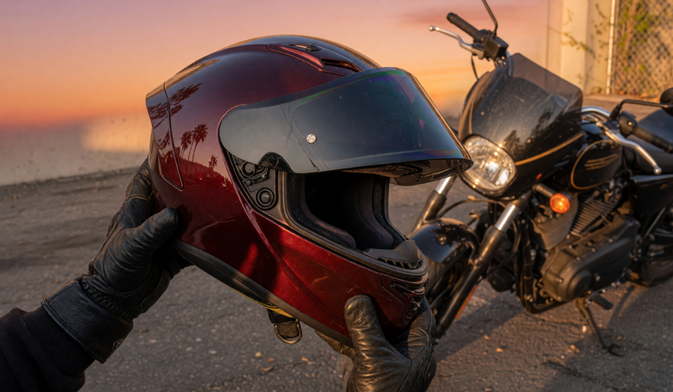 Full-face motorcycle helmet held in a rider's gloved hands beside a parked motorcycle at golden hour