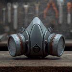 Gray elastomeric half-mask respirator with two filters resting on a workbench in an industrial workshop