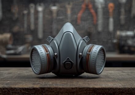Gray elastomeric half-mask respirator with two filters resting on a workbench in an industrial workshop
