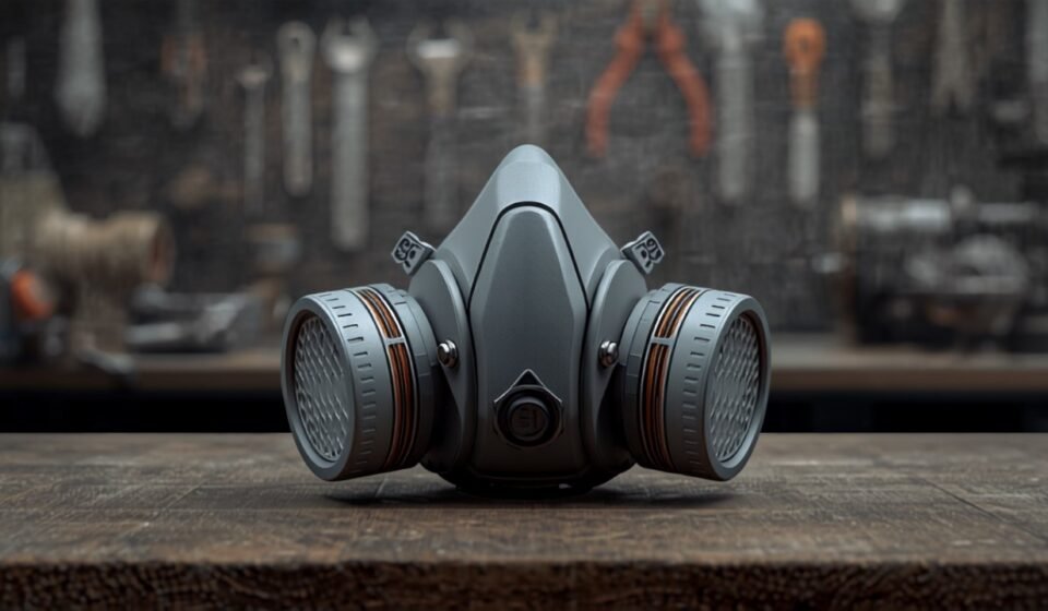 Gray elastomeric half-mask respirator with two filters resting on a workbench in an industrial workshop