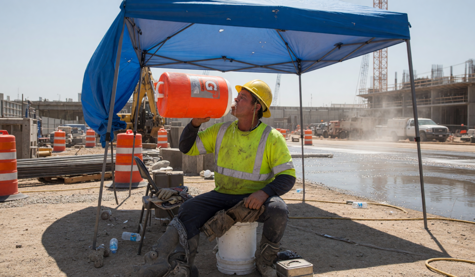 Construction worker in a hi-vis shirt and hard hat resting in shade and drinking water from a cooler jug at a hot job site