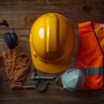 Flatlay of personal protective equipment on a workbench: hard hat, safety glasses, ear muffs, work gloves, respirator and hi-vis vest