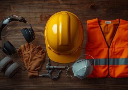 Flatlay of personal protective equipment on a workbench: hard hat, safety glasses, ear muffs, work gloves, respirator and hi-vis vest