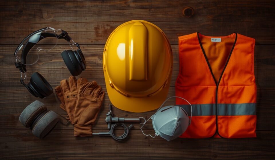 Flatlay of personal protective equipment on a workbench: hard hat, safety glasses, ear muffs, work gloves, respirator and hi-vis vest