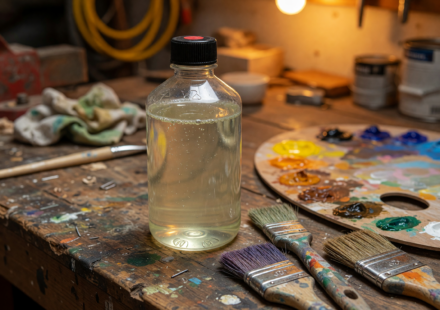 A clear bottle of paint thinner with a black cap on a garage workbench beside paint brushes