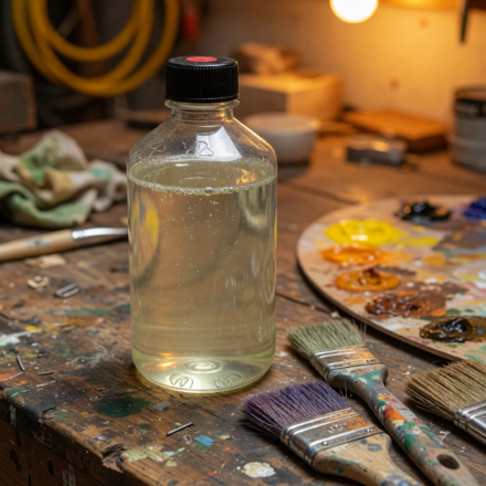 A clear bottle of paint thinner with a black cap on a garage workbench beside paint brushes