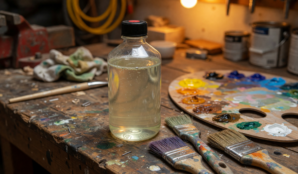 A clear bottle of paint thinner with a black cap on a garage workbench beside paint brushes