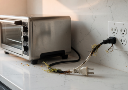 A stainless steel countertop electric toaster oven unplugged on a kitchen counter with focus on the power cord