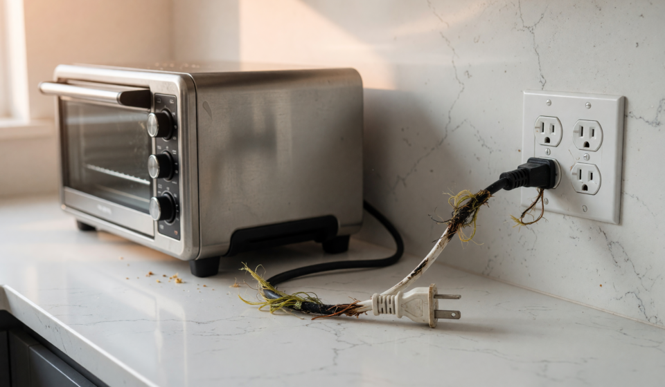 A stainless steel countertop electric toaster oven unplugged on a kitchen counter with focus on the power cord