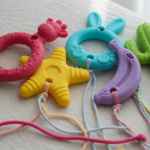 Assortment of colorful silicone baby teething toys with long dangling strings