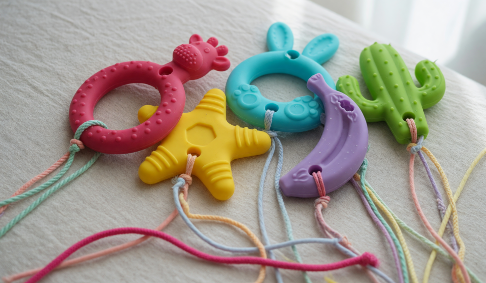Assortment of colorful silicone baby teething toys with long dangling strings