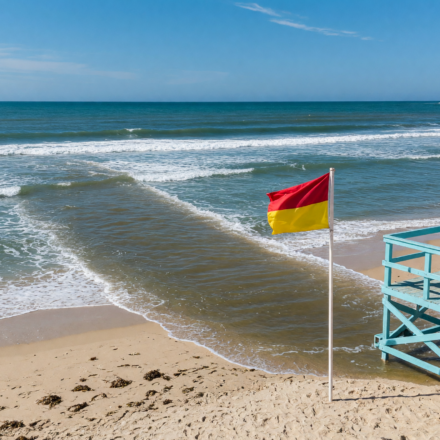 Ocean beach with a warning flag and lifeguard tower and a visible rip current channel cutting seaward