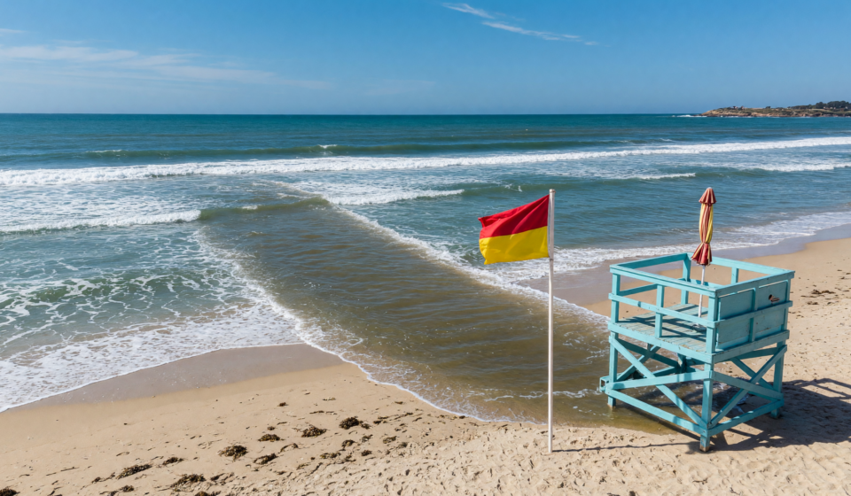 Ocean beach with a warning flag and lifeguard tower and a visible rip current channel cutting seaward
