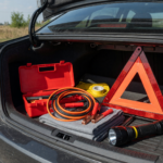 Open car trunk on a roadside showing an organized emergency kit with jumper cables, warning triangle and flashlight