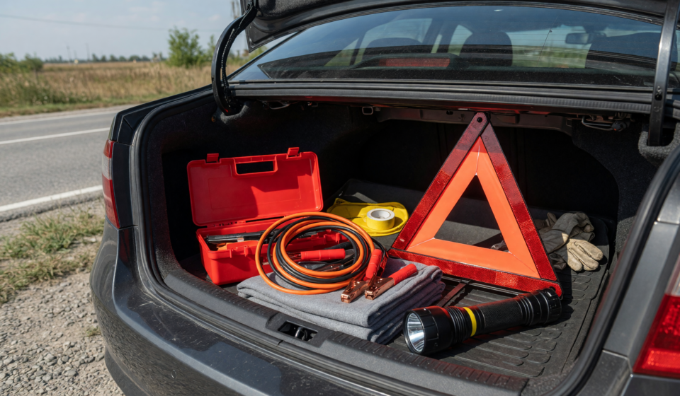 Open car trunk on a roadside showing an organized emergency kit with jumper cables, warning triangle and flashlight