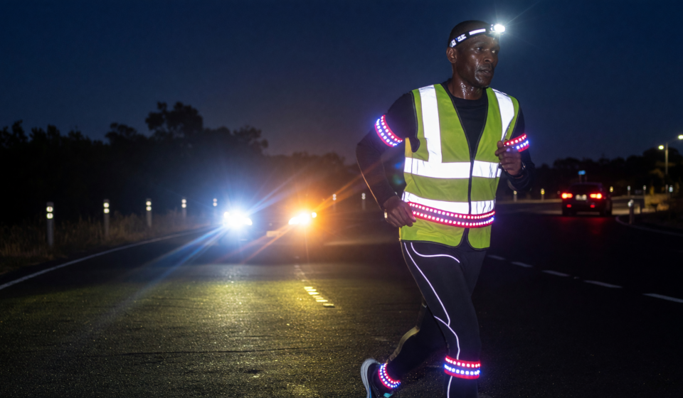 Runner at night on a dark road wearing a reflective vest and LED lights lit up by car headlights