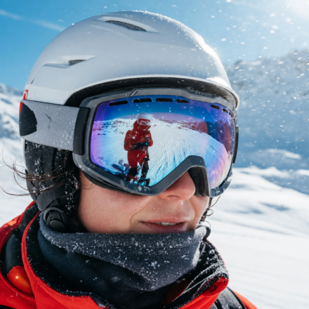 Skier wearing a helmet and snow goggles on a bright snowy mountain, close-up portrait