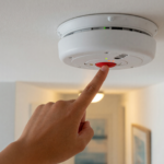 A hand pressing the test button on a white ceiling-mounted smoke alarm in a modern home hallway