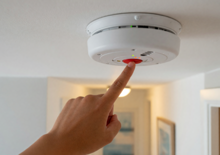 A hand pressing the test button on a white ceiling-mounted smoke alarm in a modern home hallway