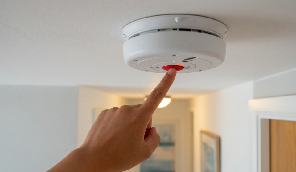 A hand pressing the test button on a white ceiling-mounted smoke alarm in a modern home hallway