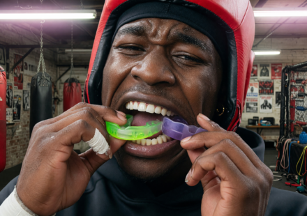 Athlete inserting a sports mouthguard, close-up, gym background