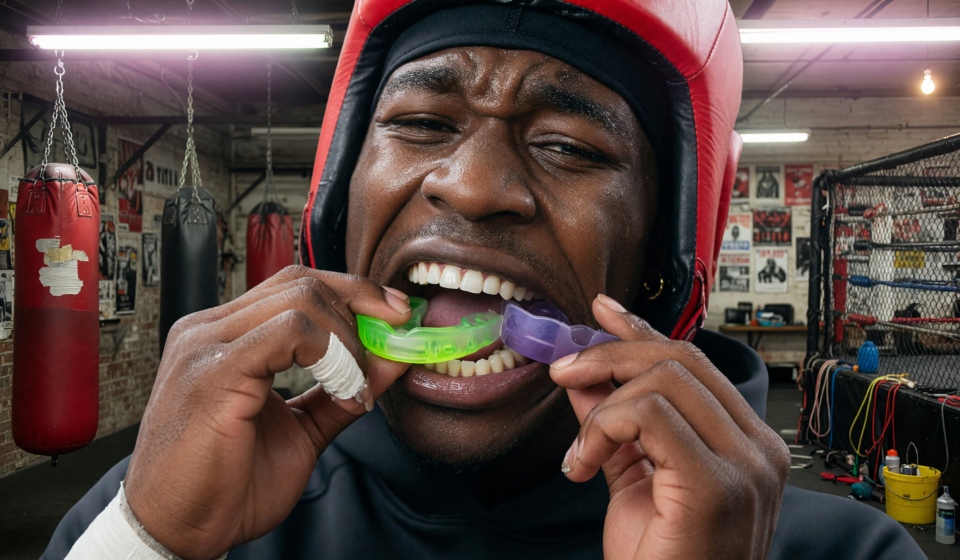 Athlete inserting a sports mouthguard, close-up, gym background