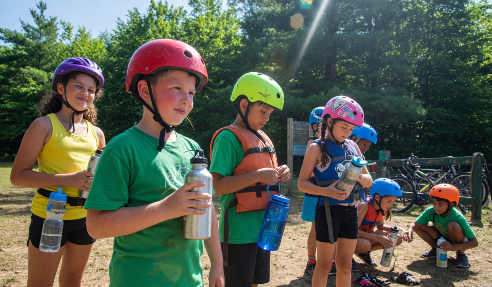 Children at summer camp wearing bike helmets with water bottles
