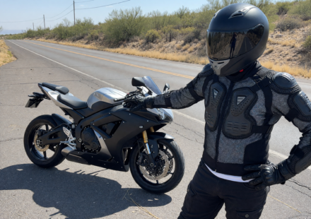 Motorcyclist in a ventilated mesh armored jacket and full-face helmet by a bike
