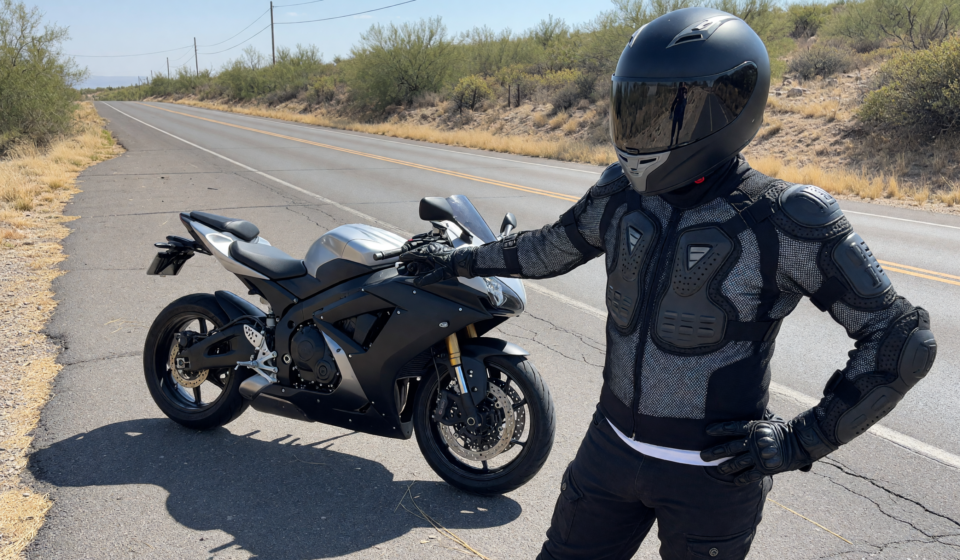 Motorcyclist in a ventilated mesh armored jacket and full-face helmet by a bike