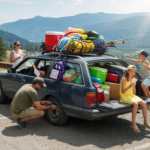 Family car packed for a summer road trip at a scenic overlook, checking a tire