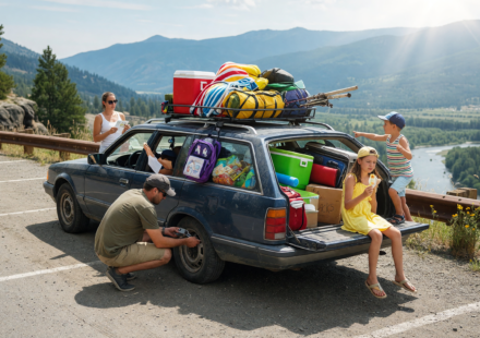 Family car packed for a summer road trip at a scenic overlook, checking a tire