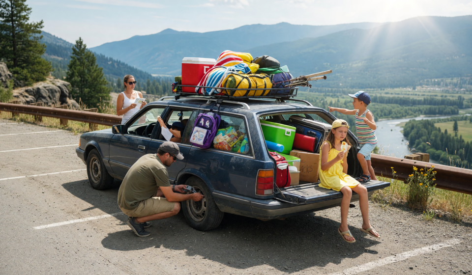Family car packed for a summer road trip at a scenic overlook, checking a tire
